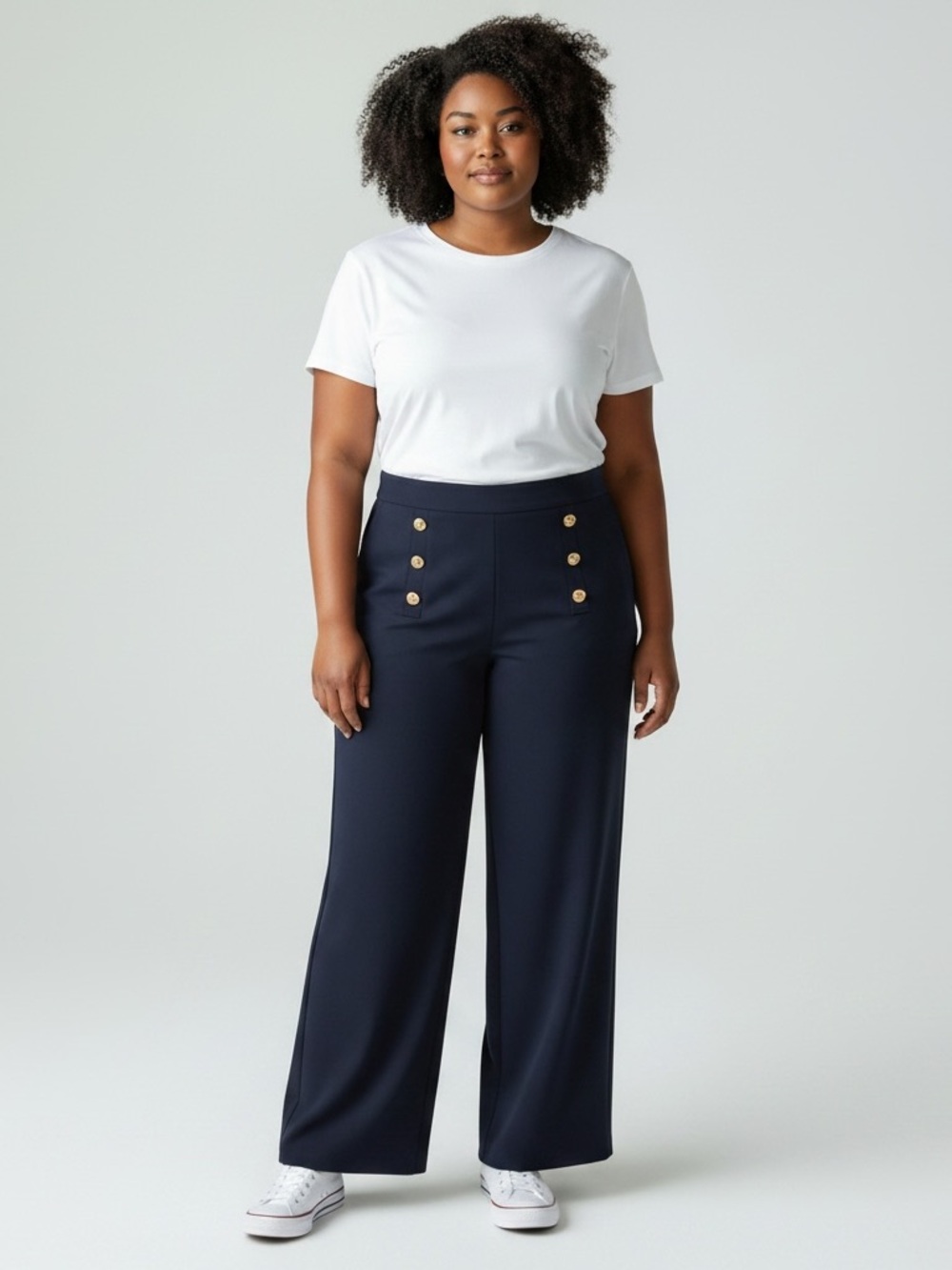 Saint + Sofia Navy Blue Sailor Pants Womens 14 Wide Leg Gold Buttons High Waist